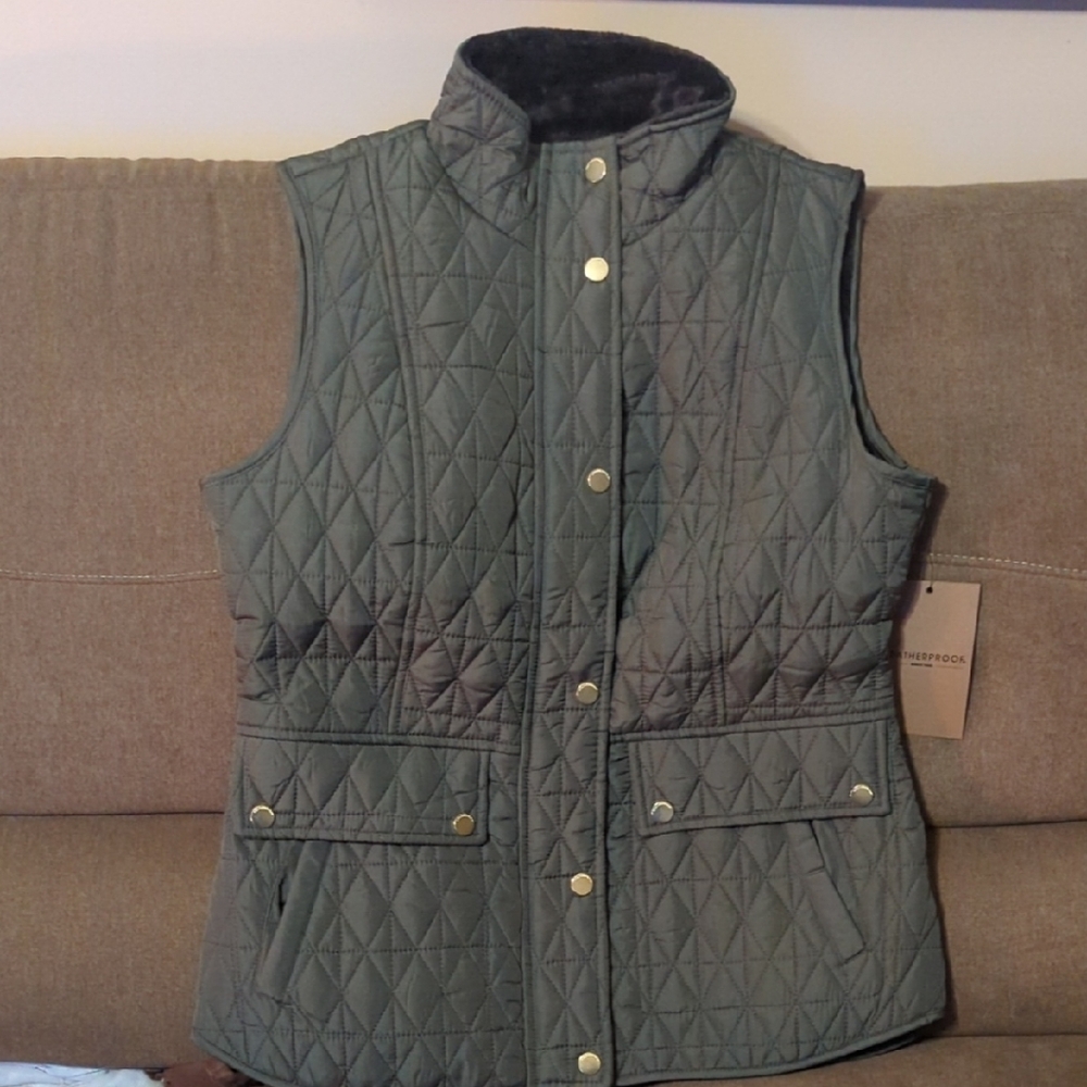 Weatherproof Olive Lined Quilted Vest with Gold Buttons